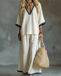 Vyla™ Coastal Muse Two-Piece Set Deep V Contrast Trim Relaxed Fit Set