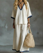 Vyla™ Coastal Muse Two-Piece Set Deep V Contrast Trim Relaxed Fit Set