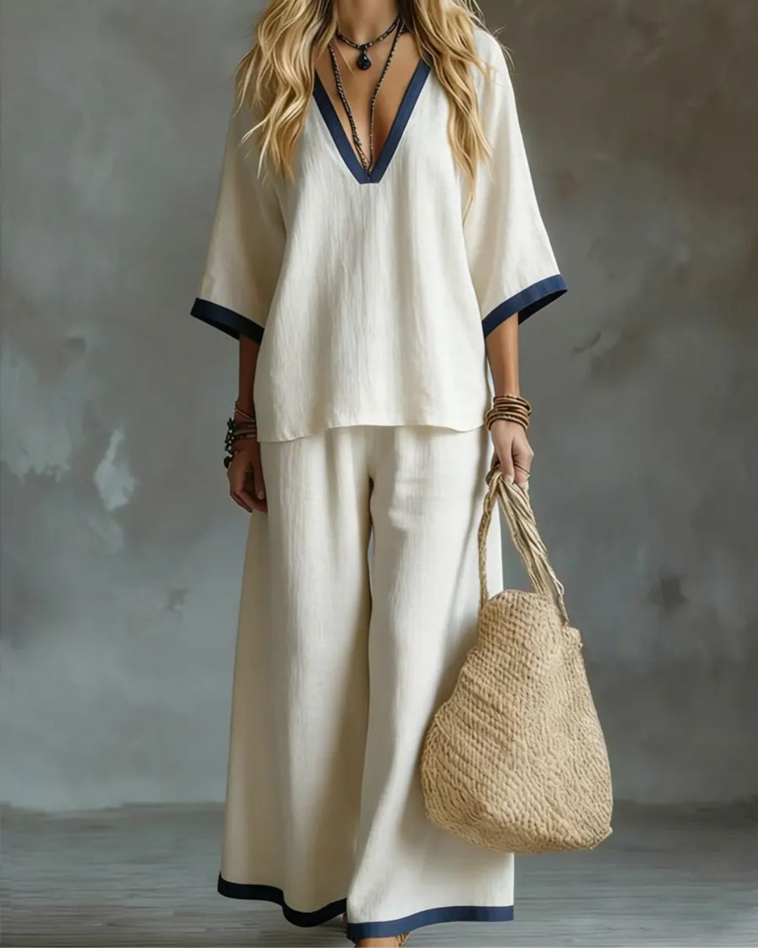 Vyla™ Coastal Muse Two-Piece Set Deep V Contrast Trim Relaxed Fit Set