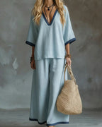 Vyla™ Coastal Muse Two-Piece Set Deep V Contrast Trim Relaxed Fit Set