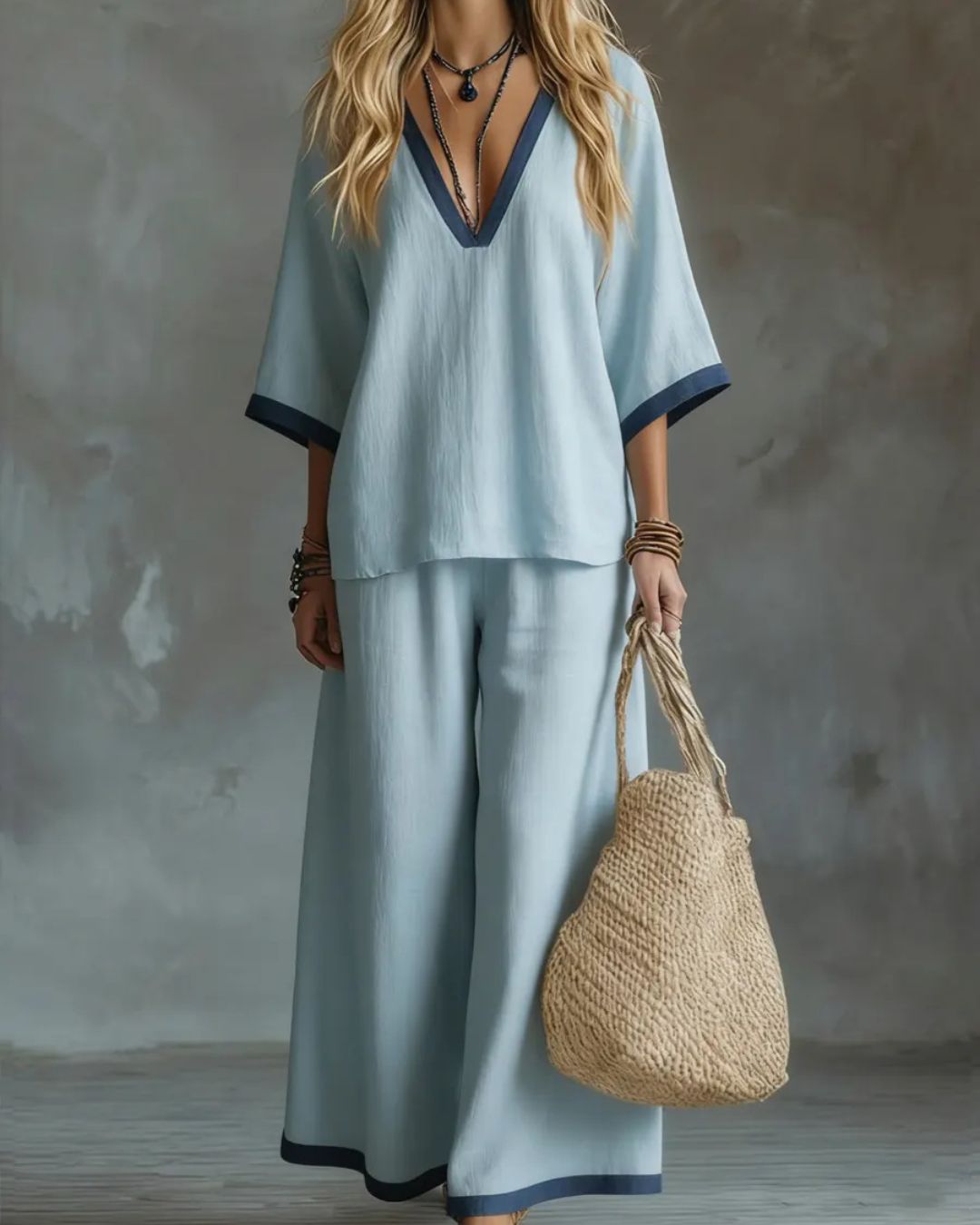 Vyla™ Coastal Muse Two-Piece Set Deep V Contrast Trim Relaxed Fit Set