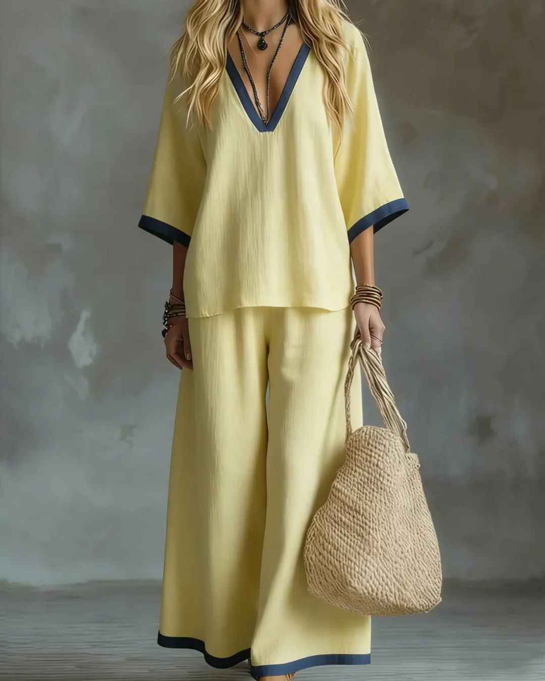 Vyla™ Coastal Muse Two-Piece Set Deep V Contrast Trim Relaxed Fit Set