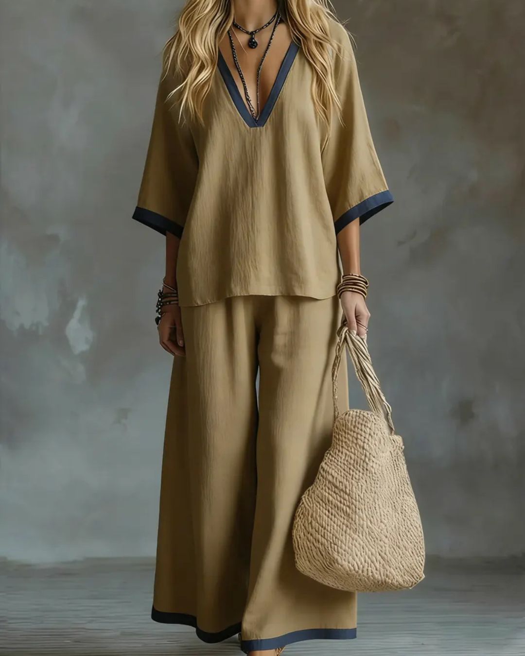 Vyla™ Coastal Muse Two-Piece Set Deep V Contrast Trim Relaxed Fit Set