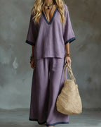Vyla™ Coastal Muse Two-Piece Set Deep V Contrast Trim Relaxed Fit Set