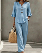 Vyla™ Vacation Two-Piece Set Ruffle Sleeve Top Button Relaxed Outfit