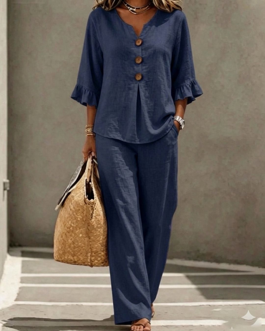 Vyla™ Vacation Two-Piece Set Ruffle Sleeve Top Button Relaxed Outfit