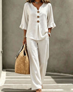 Vyla™ Vacation Two-Piece Set Ruffle Sleeve Top Button Relaxed Outfit