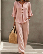 Vyla™ Vacation Two-Piece Set Ruffle Sleeve Top Button Relaxed Outfit