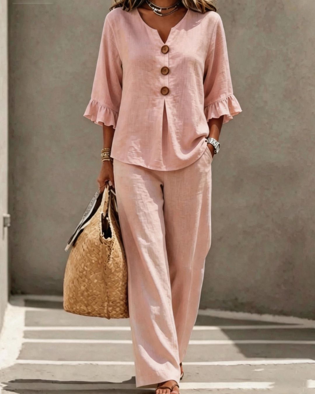 Vyla™ Vacation Two-Piece Set Ruffle Sleeve Top Button Relaxed Outfit