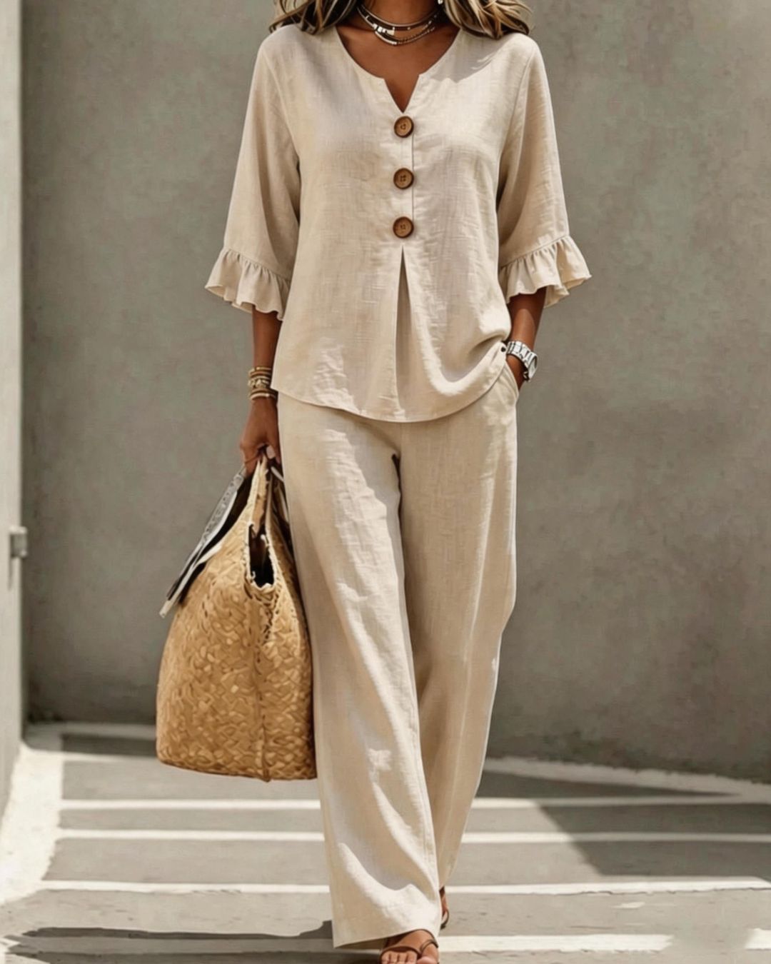 Vyla™ Vacation Two-Piece Set Ruffle Sleeve Top Button Relaxed Outfit