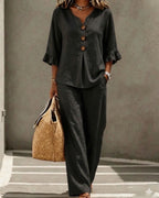 Vyla™ Vacation Two-Piece Set Ruffle Sleeve Top Button Relaxed Outfit