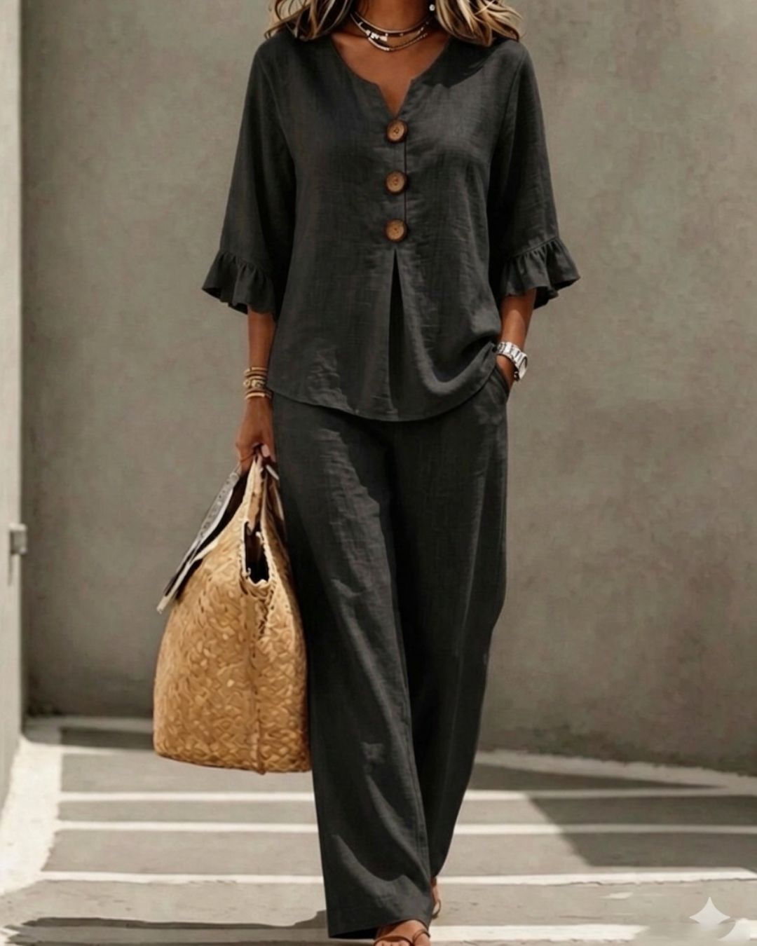 Vyla™ Vacation Two-Piece Set Ruffle Sleeve Top Button Relaxed Outfit