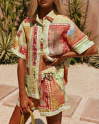 Vyla™ Vintage Oil Painting Print Shirt Set High Waisted Asymmetric Wrap Belt