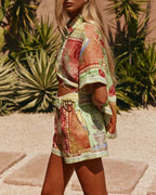 Vyla™ Vintage Oil Painting Print Shirt Set High Waisted Asymmetric Wrap Belt