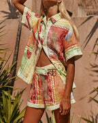 Vyla™ Vintage Oil Painting Print Shirt Set High Waisted Asymmetric Wrap Belt