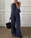 Vyla™ Minimalist Striped Drawstring Halter Top & Wide Leg Pants Set