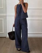Vyla™ Minimalist Striped Drawstring Halter Top & Wide Leg Pants Set