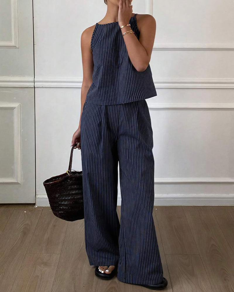 Vyla™ Minimalist Striped Drawstring Halter Top & Wide Leg Pants Set