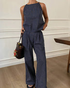 Vyla™ Minimalist Striped Drawstring Halter Top & Wide Leg Pants Set