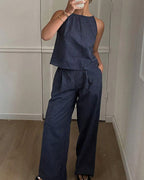 Vyla™ Minimalist Striped Drawstring Halter Top & Wide Leg Pants Set