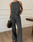 Vyla™ Minimalist Striped Drawstring Halter Top & Wide Leg Pants Set