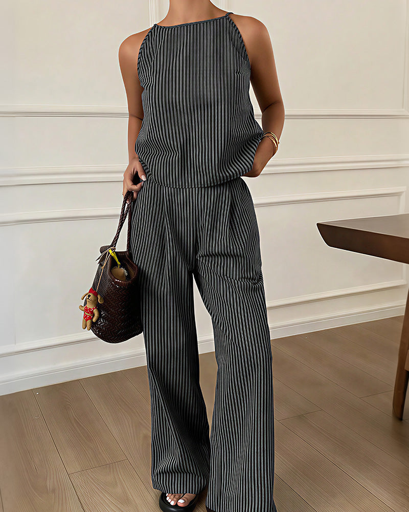 Vyla™ Minimalist Striped Drawstring Halter Top & Wide Leg Pants Set