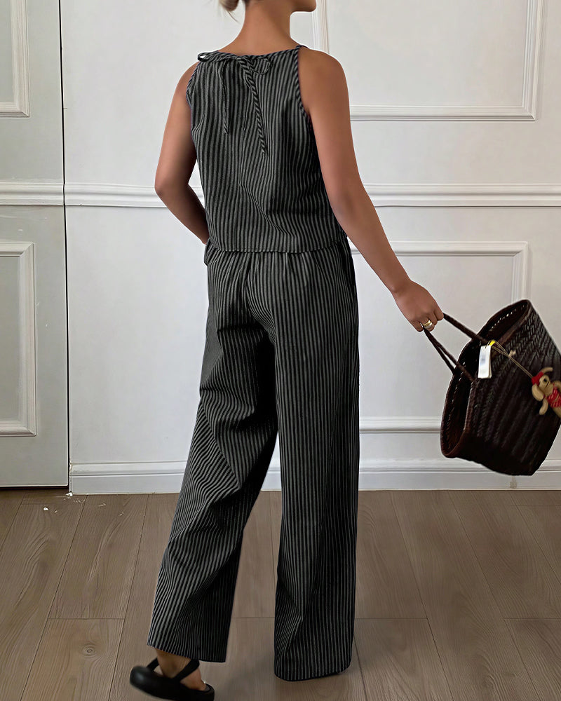Vyla™ Minimalist Striped Drawstring Halter Top & Wide Leg Pants Set