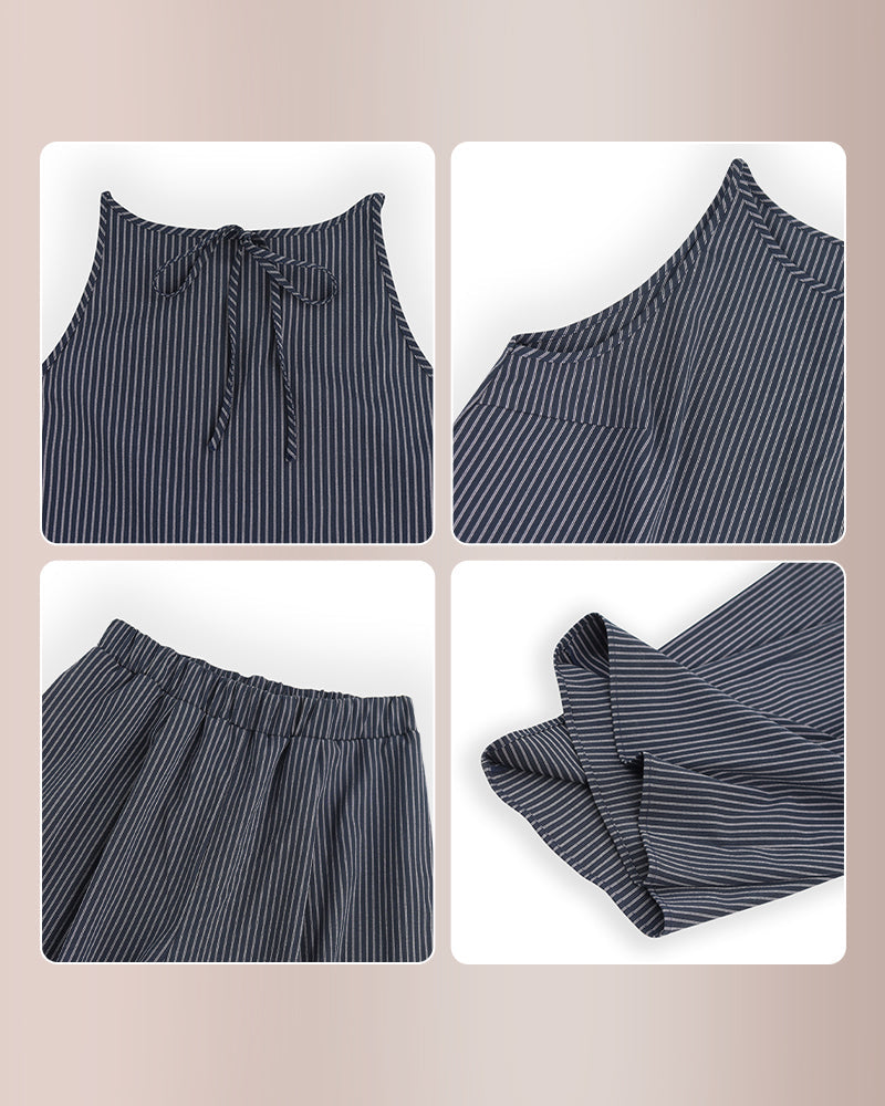 Vyla™ Minimalist Striped Drawstring Halter Top & Wide Leg Pants Set