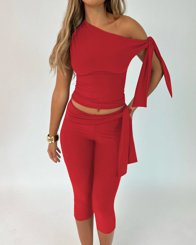 Vyla™ Asymmetrical Drape Top & Capri Leggings Two-Piece Set