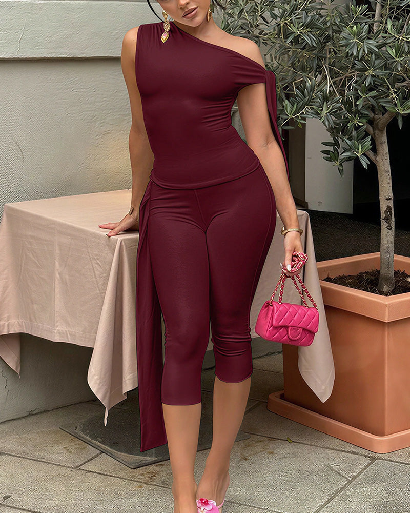 Vyla™ Asymmetrical Drape Top & Capri Leggings Two-Piece Set