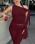 Vyla™ Asymmetrical Drape Top & Capri Leggings Two-Piece Set