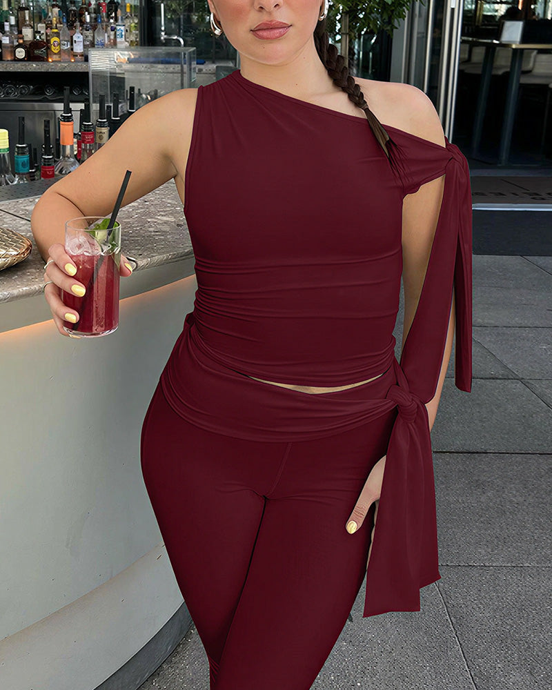 Vyla™ Asymmetrical Drape Top & Capri Leggings Two-Piece Set