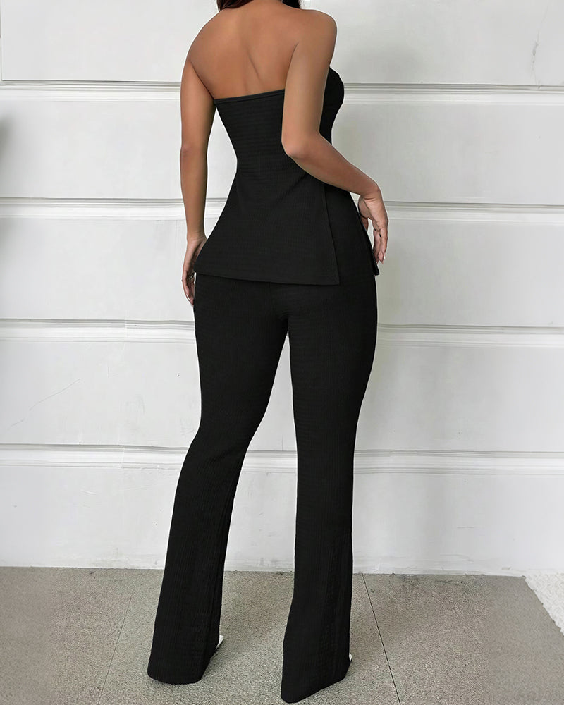 Vyla™ Textured Knit Strapless Slit Top & High-Waist Flare Pants Set