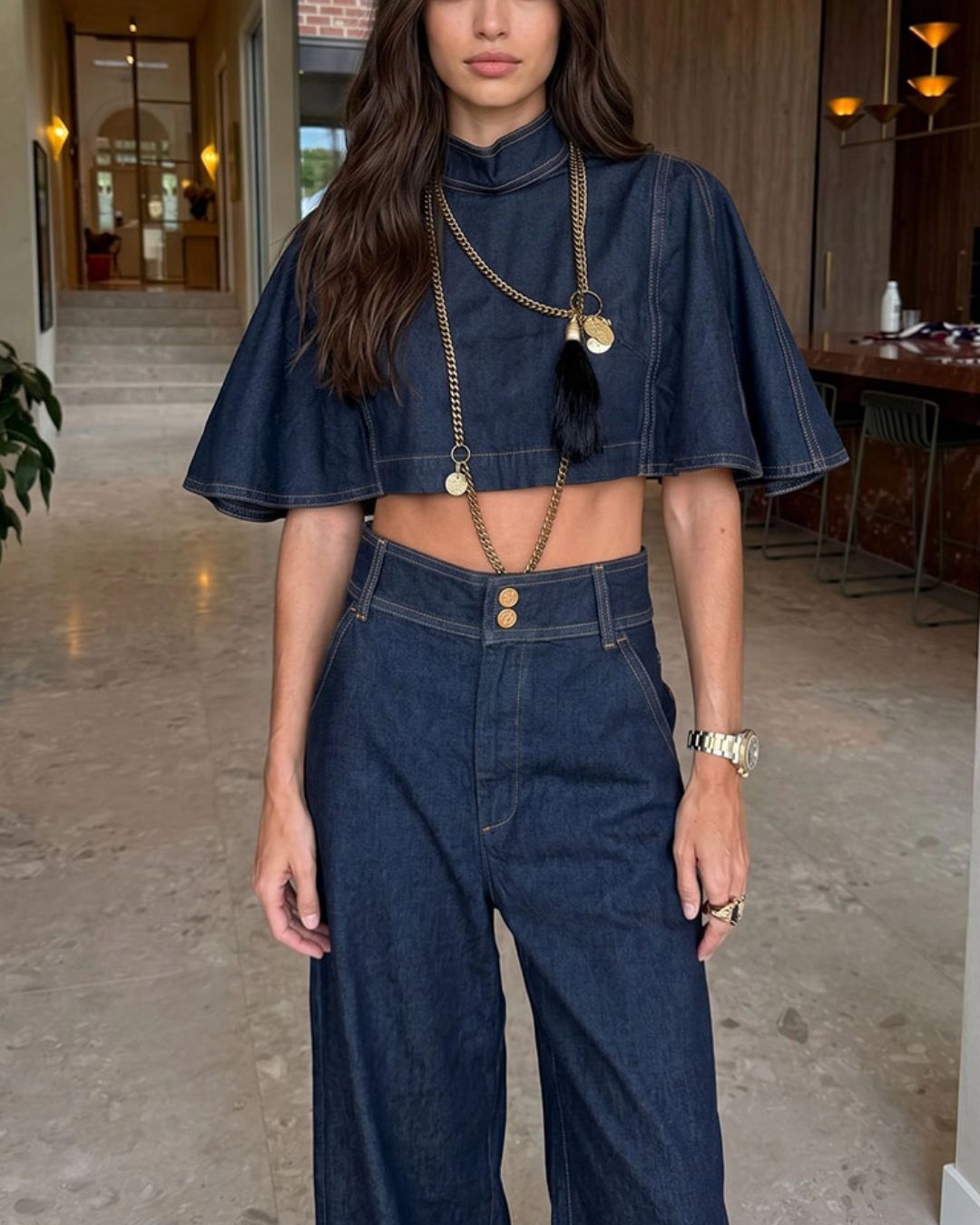 Vyla™ Modern Denim Capelet & High-Waist Tapered Pants Two-Piece Set