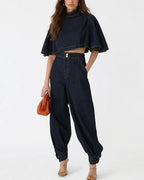 Vyla™ Modern Denim Capelet & High-Waist Tapered Pants Two-Piece Set
