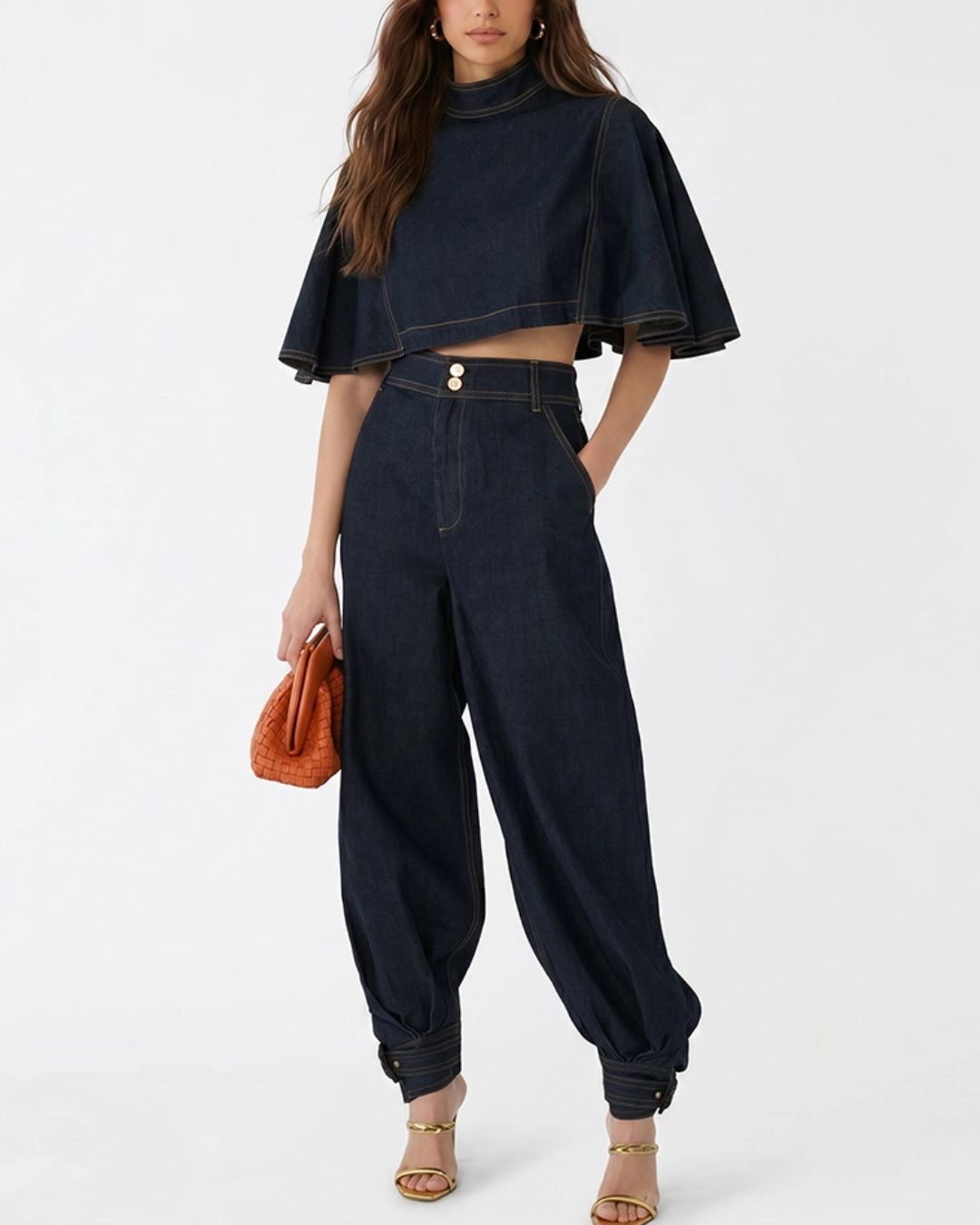 Vyla™ Modern Denim Capelet & High-Waist Tapered Pants Two-Piece Set