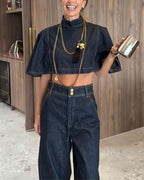Vyla™ Modern Denim Capelet & High-Waist Tapered Pants Two-Piece Set