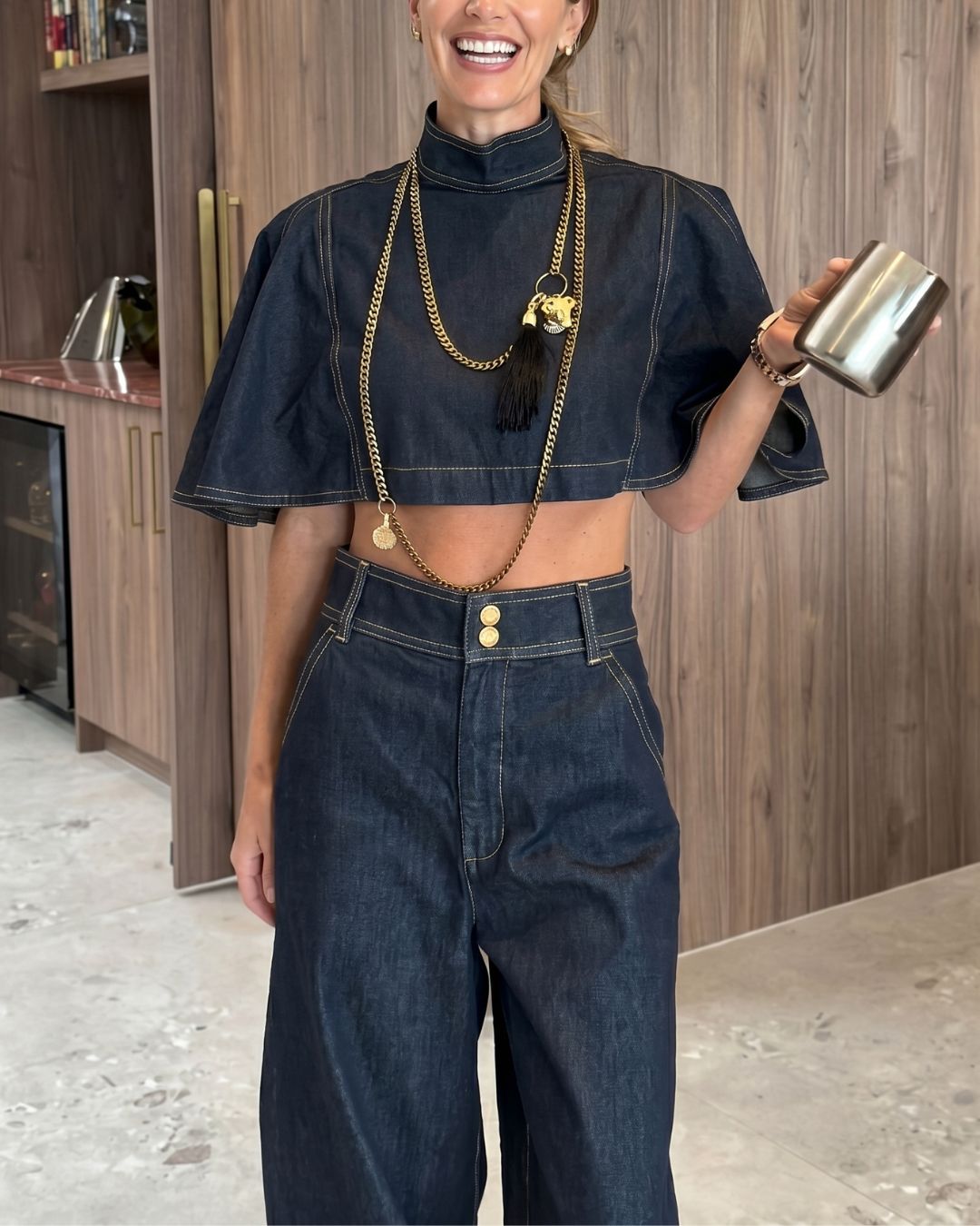 Vyla™ Modern Denim Capelet & High-Waist Tapered Pants Two-Piece Set