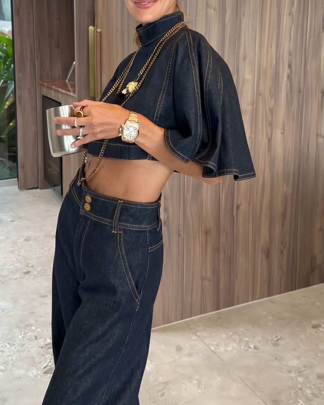 Vyla™ Modern Denim Capelet & High-Waist Tapered Pants Two-Piece Set