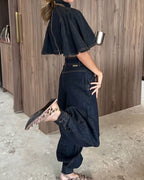 Vyla™ Modern Denim Capelet & High-Waist Tapered Pants Two-Piece Set