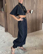 Vyla™ Modern Denim Capelet & High-Waist Tapered Pants Two-Piece Set