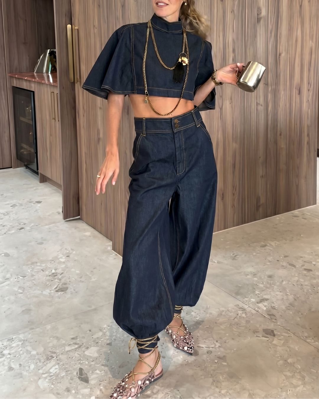 Vyla™ Modern Denim Capelet & High-Waist Tapered Pants Two-Piece Set