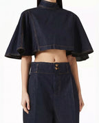 Vyla™ Modern Denim Capelet & High-Waist Tapered Pants Two-Piece Set