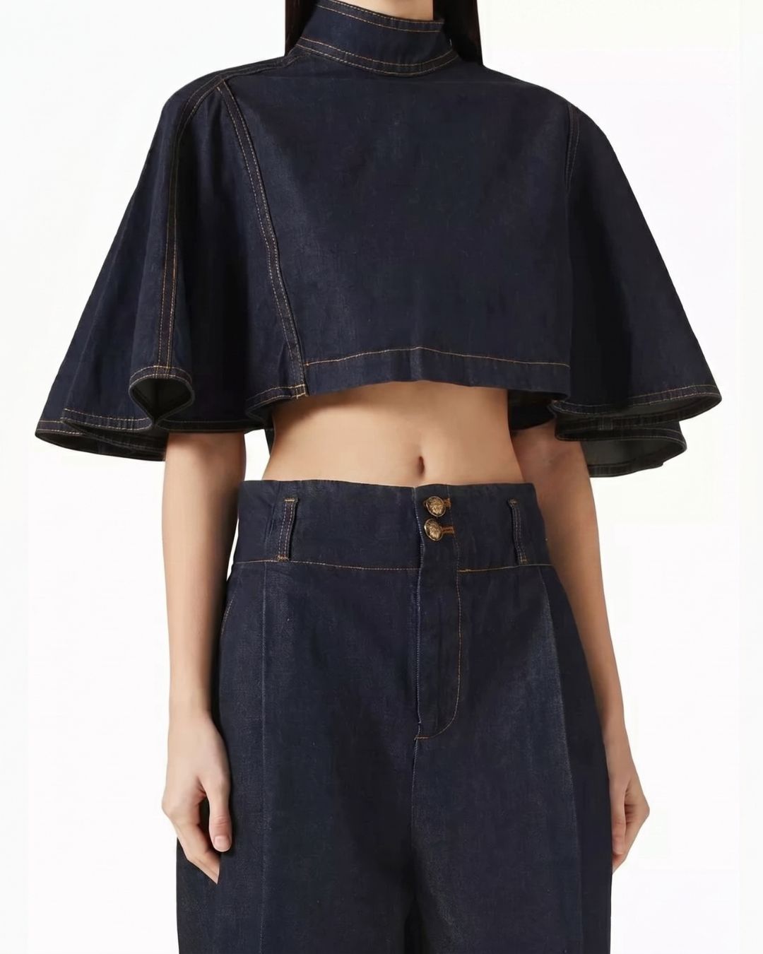 Vyla™ Modern Denim Capelet & High-Waist Tapered Pants Two-Piece Set