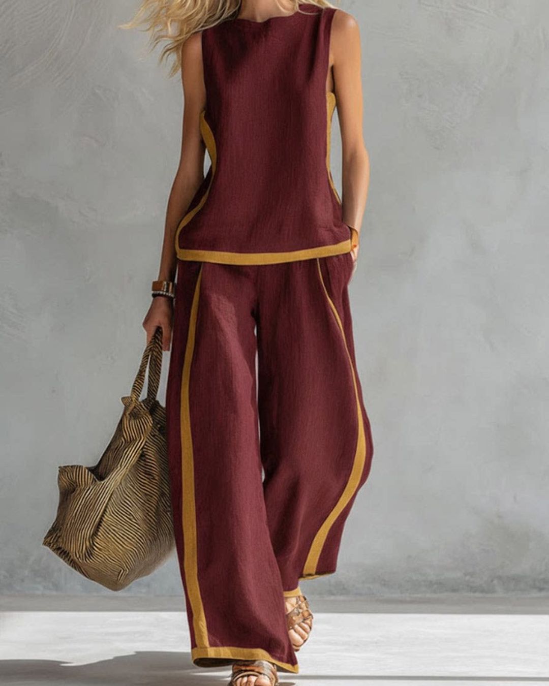 Vyla™ Sleeveless Contrast Trim Top Wide Leg Pants Set Breezy Summer Outfit