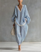 Vyla™ Striped Lace Trim Oversized Two-Piece Set Boho Coastal Chic Outfit
