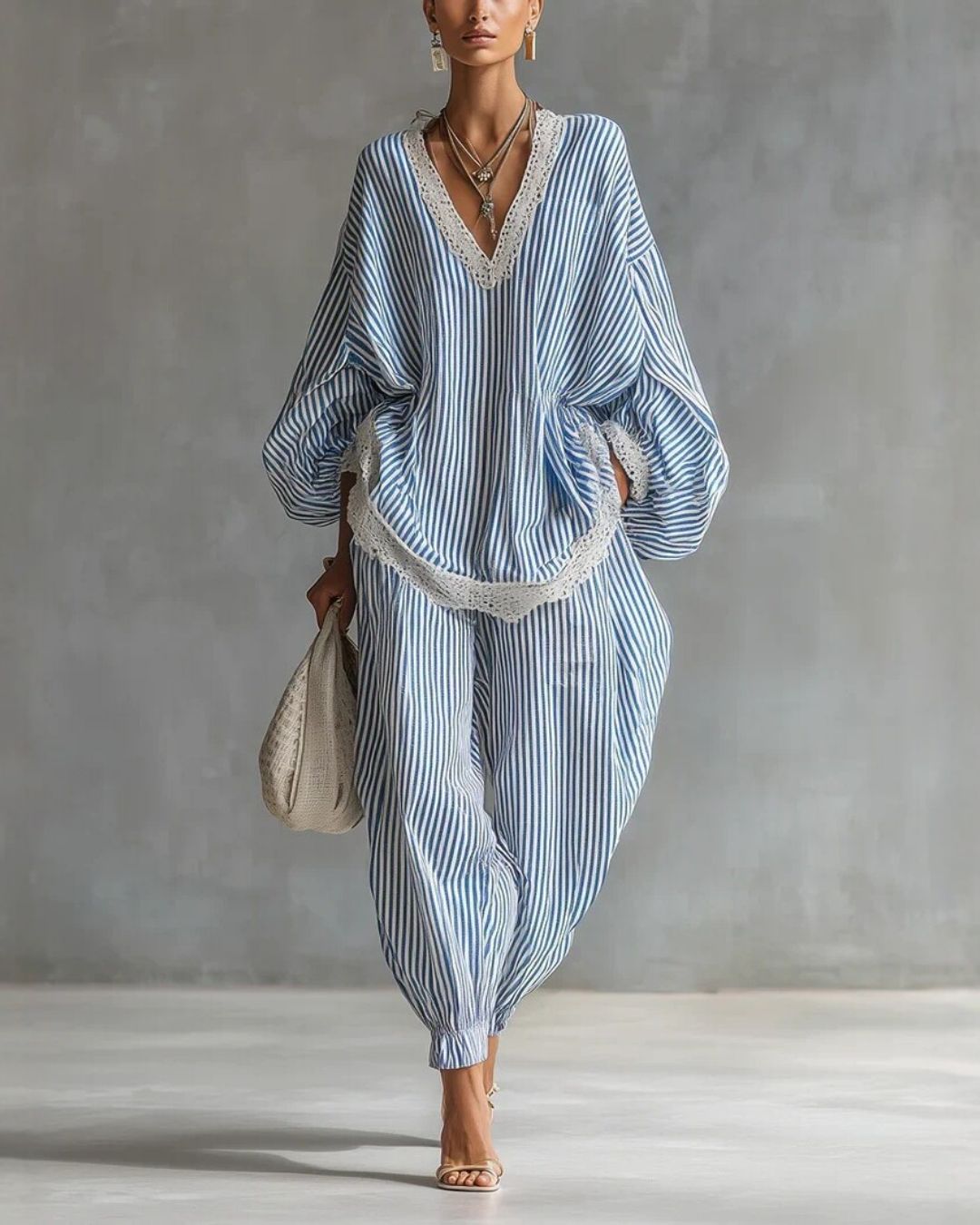 Vyla™ Striped Lace Trim Oversized Two-Piece Set Boho Coastal Chic Outfit