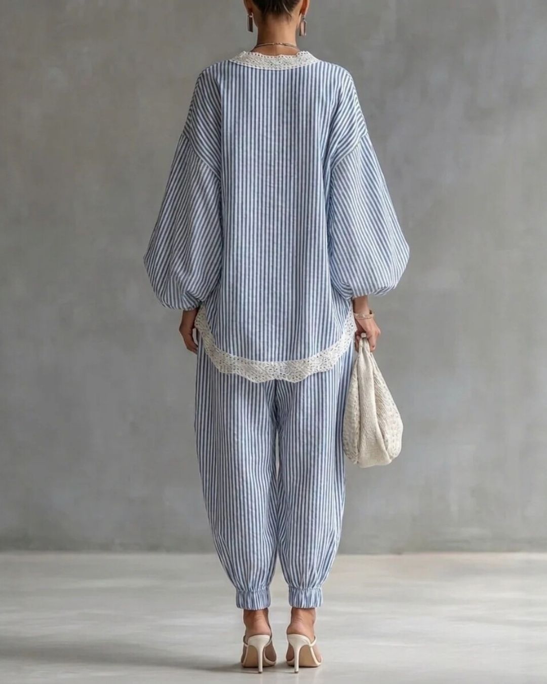 Vyla™ Striped Lace Trim Oversized Two-Piece Set Boho Coastal Chic Outfit