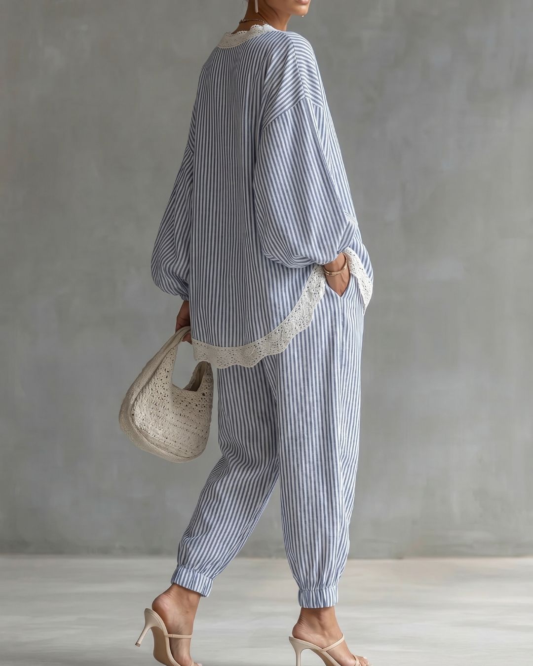 Vyla™ Striped Lace Trim Oversized Two-Piece Set Boho Coastal Chic Outfit