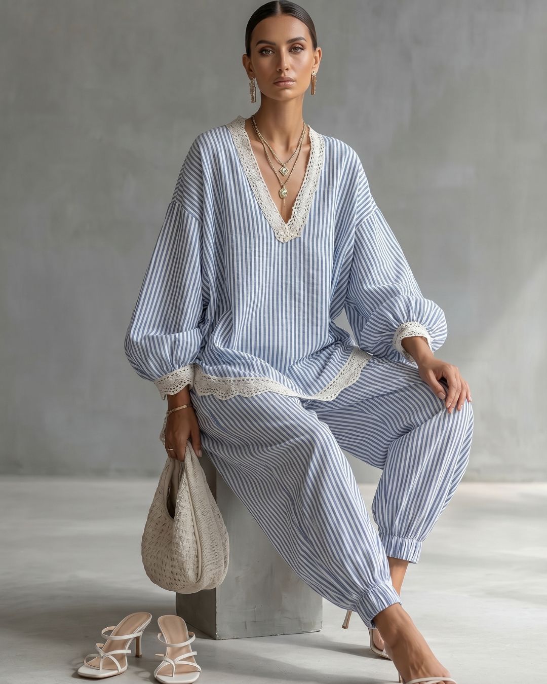 Vyla™ Striped Lace Trim Oversized Two-Piece Set Boho Coastal Chic Outfit